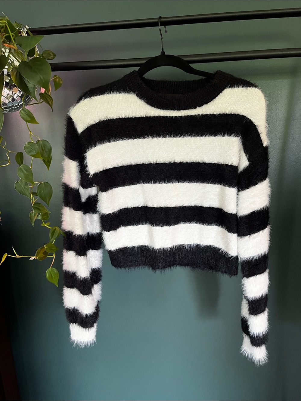 Foxblood Fuzzy Striped Crop Sweater - Black & White
